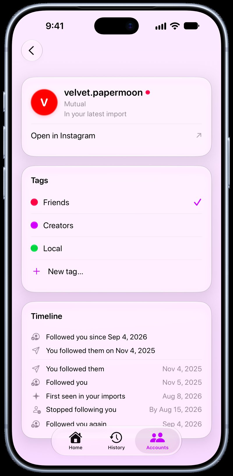 Out the Rudes on iPhone 18 Pro Max showing Timeline in the Purple tint, light appearance.