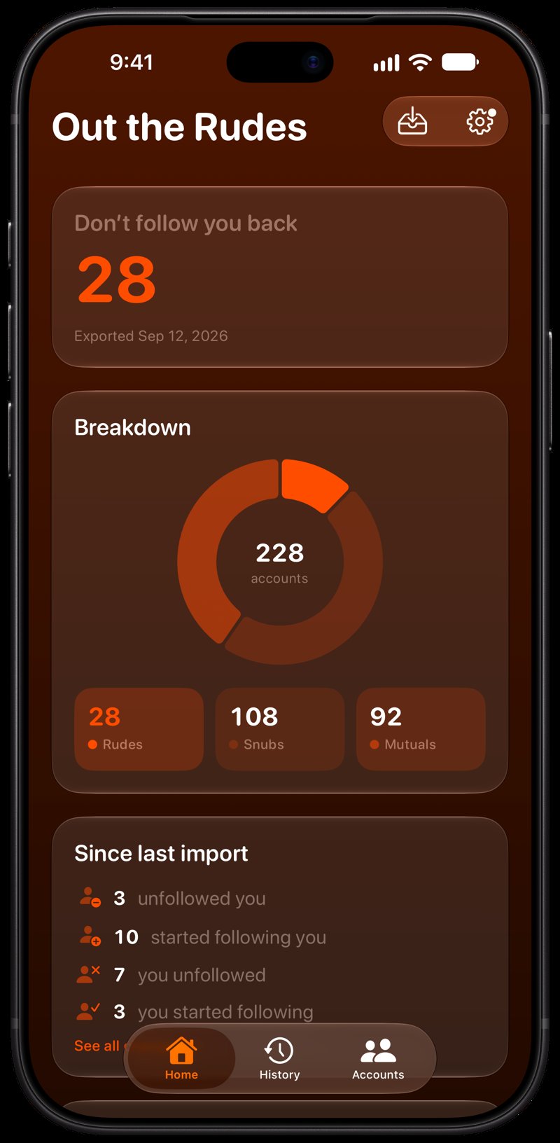Out the Rudes on iPhone 18 Pro Max showing Home in the Orange tint, dark appearance.