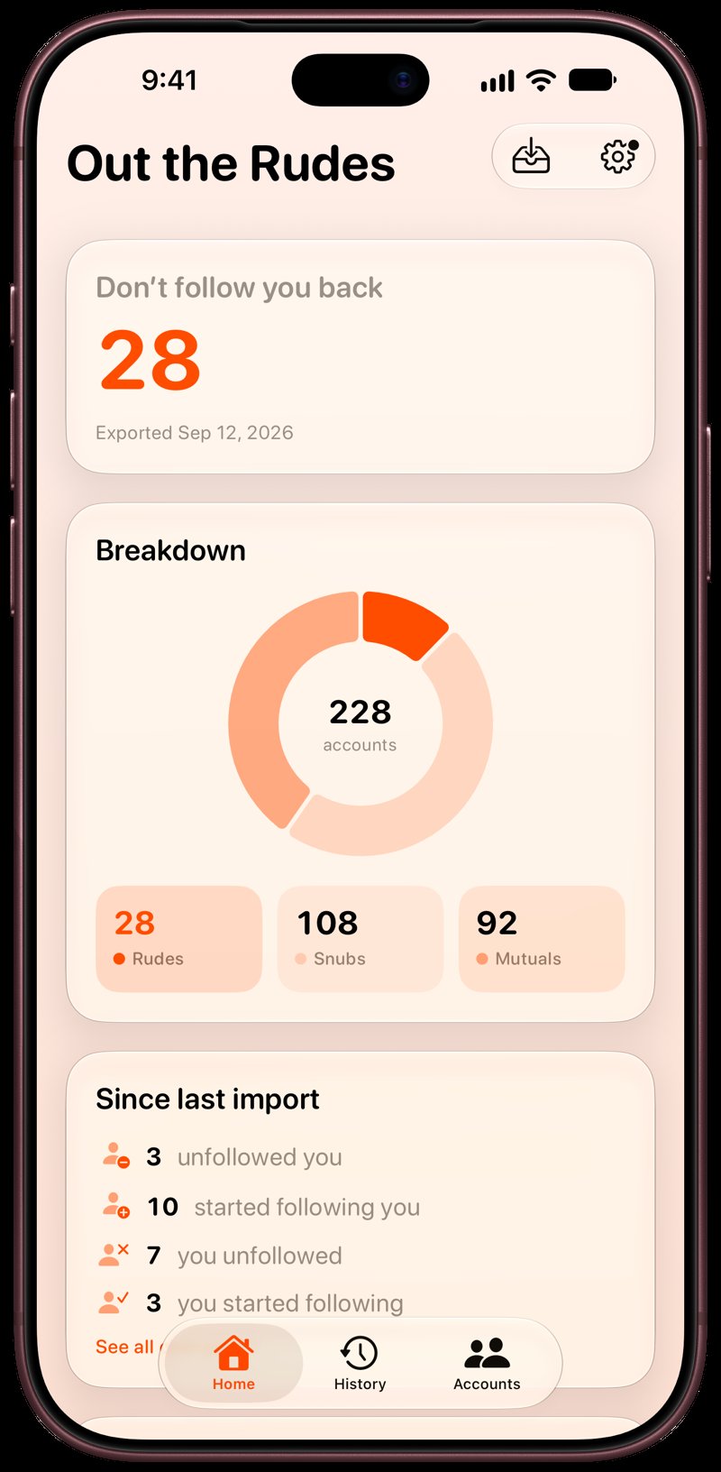 Out the Rudes on iPhone 18 Pro Max showing Home in the Orange tint, light appearance.