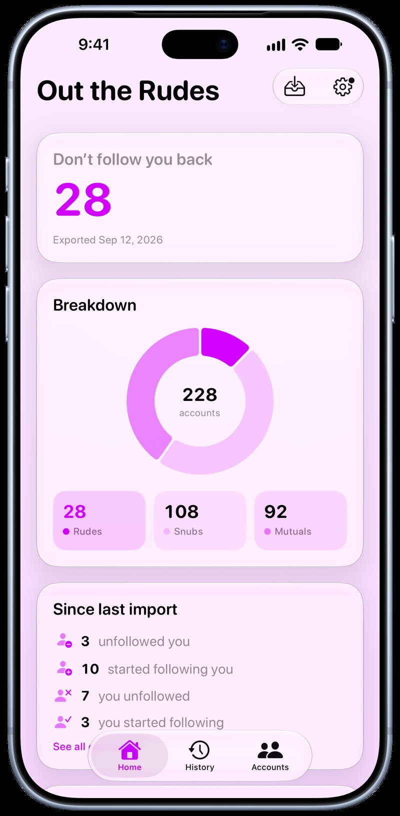 Out the Rudes on iPhone 18 Pro Max showing Home in the Purple tint, light appearance.