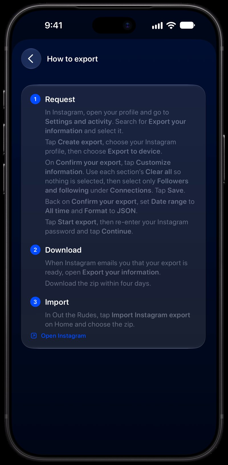 Out the Rudes on iPhone 18 Pro Max showing Your Export in the Blue tint, dark appearance.
