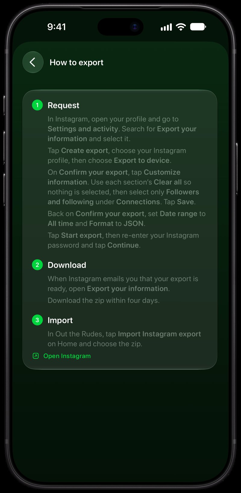 Out the Rudes on iPhone 18 Pro Max showing Your Export in the Green tint, dark appearance.