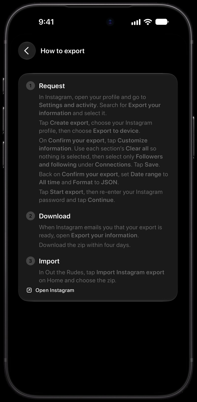 Out the Rudes on iPhone 18 Pro Max showing Your Export in the Grey tint, dark appearance.