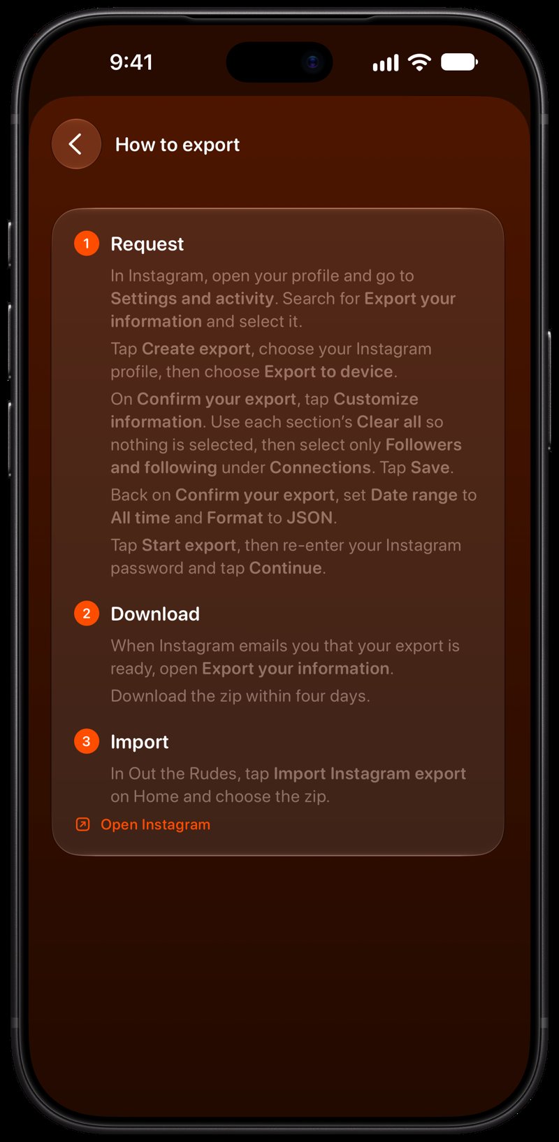 Out the Rudes on iPhone 18 Pro Max showing Your Export in the Orange tint, dark appearance.