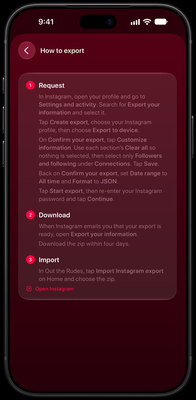 Out the Rudes on iPhone 18 Pro Max showing Your Export in the Pink tint, dark appearance.