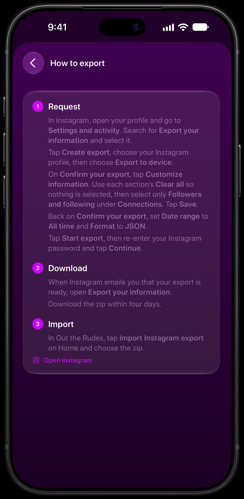 Out the Rudes on iPhone 18 Pro Max showing Your Export in the Purple tint, dark appearance.