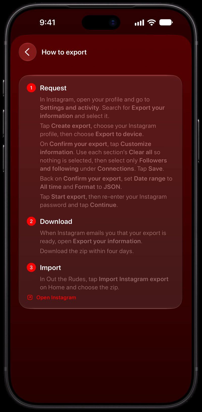 Out the Rudes on iPhone 18 Pro Max showing Your Export in the Red tint, dark appearance.