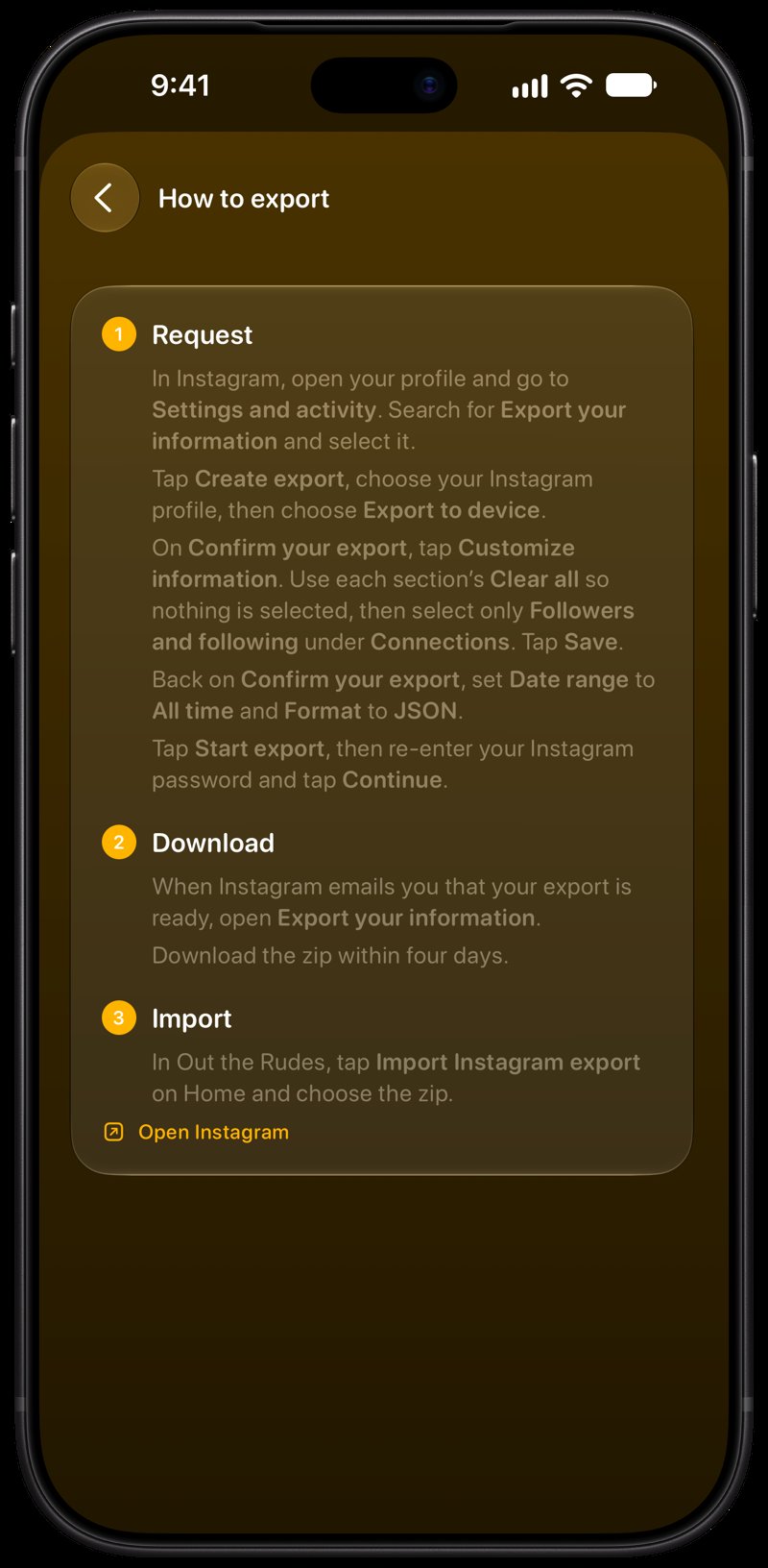 Out the Rudes on iPhone 18 Pro Max showing Your Export in the Yellow tint, dark appearance.