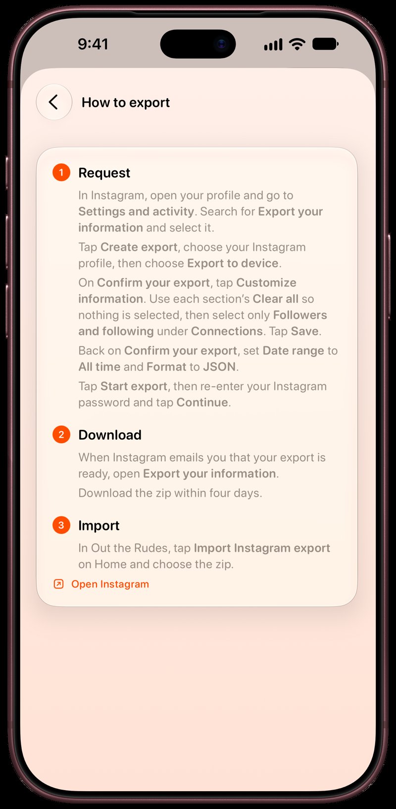 Out the Rudes on iPhone 18 Pro Max showing Your Export in the Orange tint, light appearance.