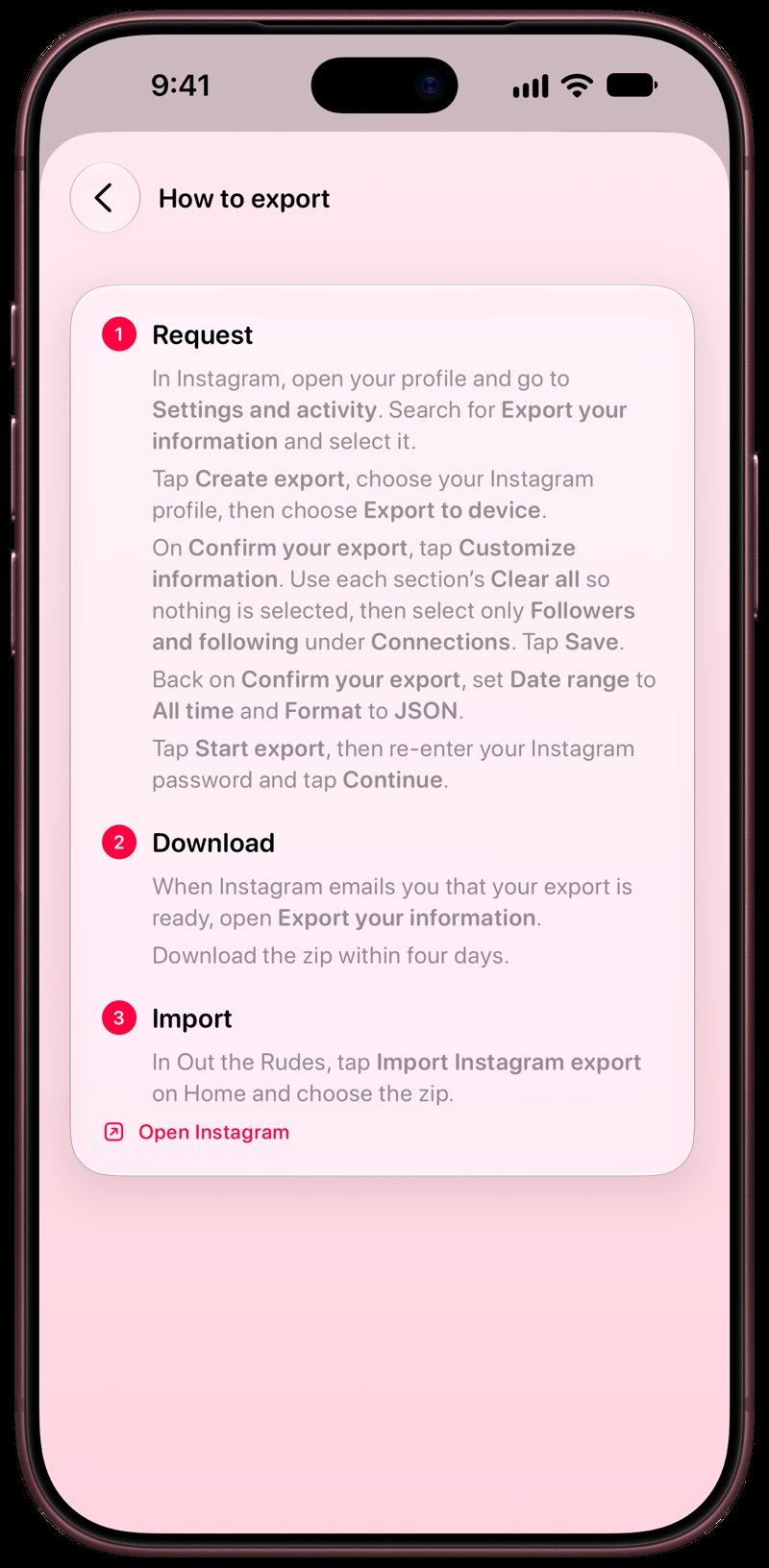 Out the Rudes on iPhone 18 Pro Max showing Your Export in the Pink tint, light appearance.