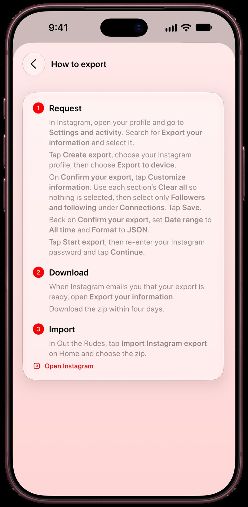 Out the Rudes on iPhone 18 Pro Max showing Your Export in the Red tint, light appearance.