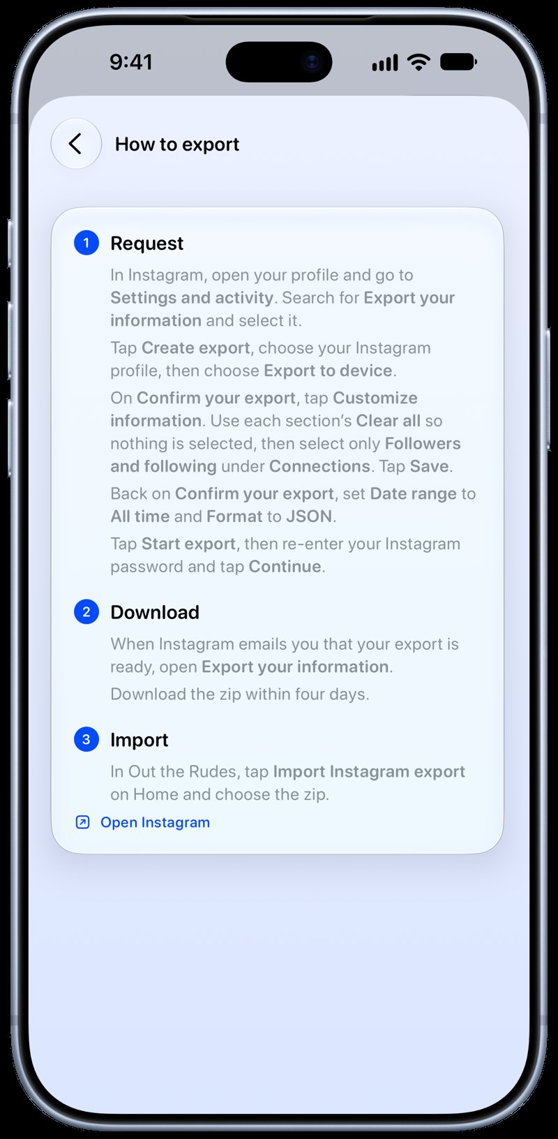 Out the Rudes on iPhone 18 Pro Max showing Your Export in the Blue tint, light appearance.