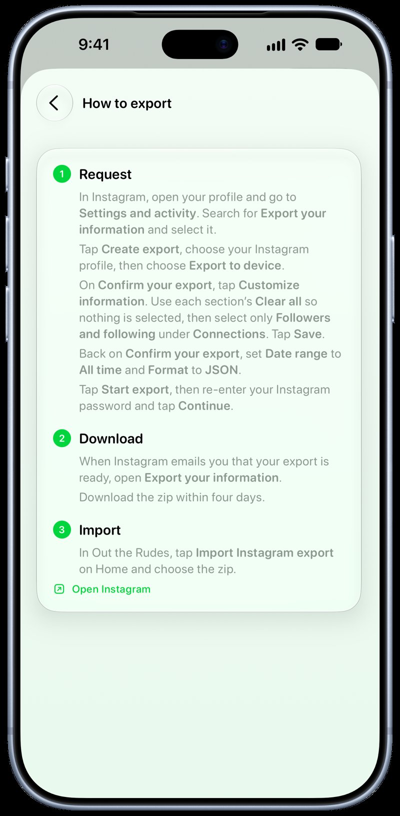 Out the Rudes on iPhone 18 Pro Max showing Your Export in the Green tint, light appearance.