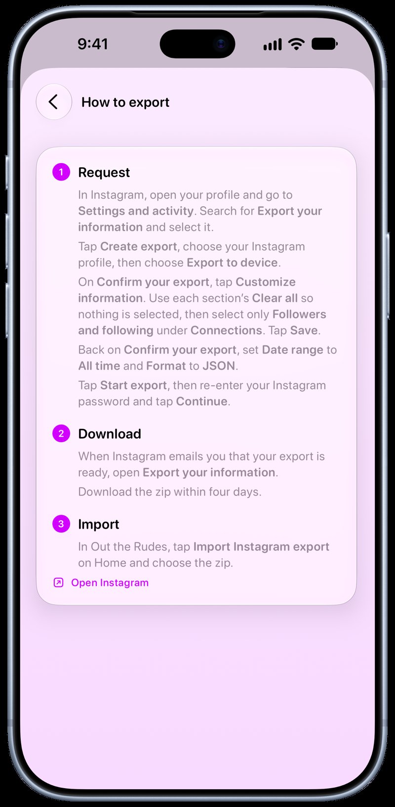 Out the Rudes on iPhone 18 Pro Max showing Your Export in the Purple tint, light appearance.