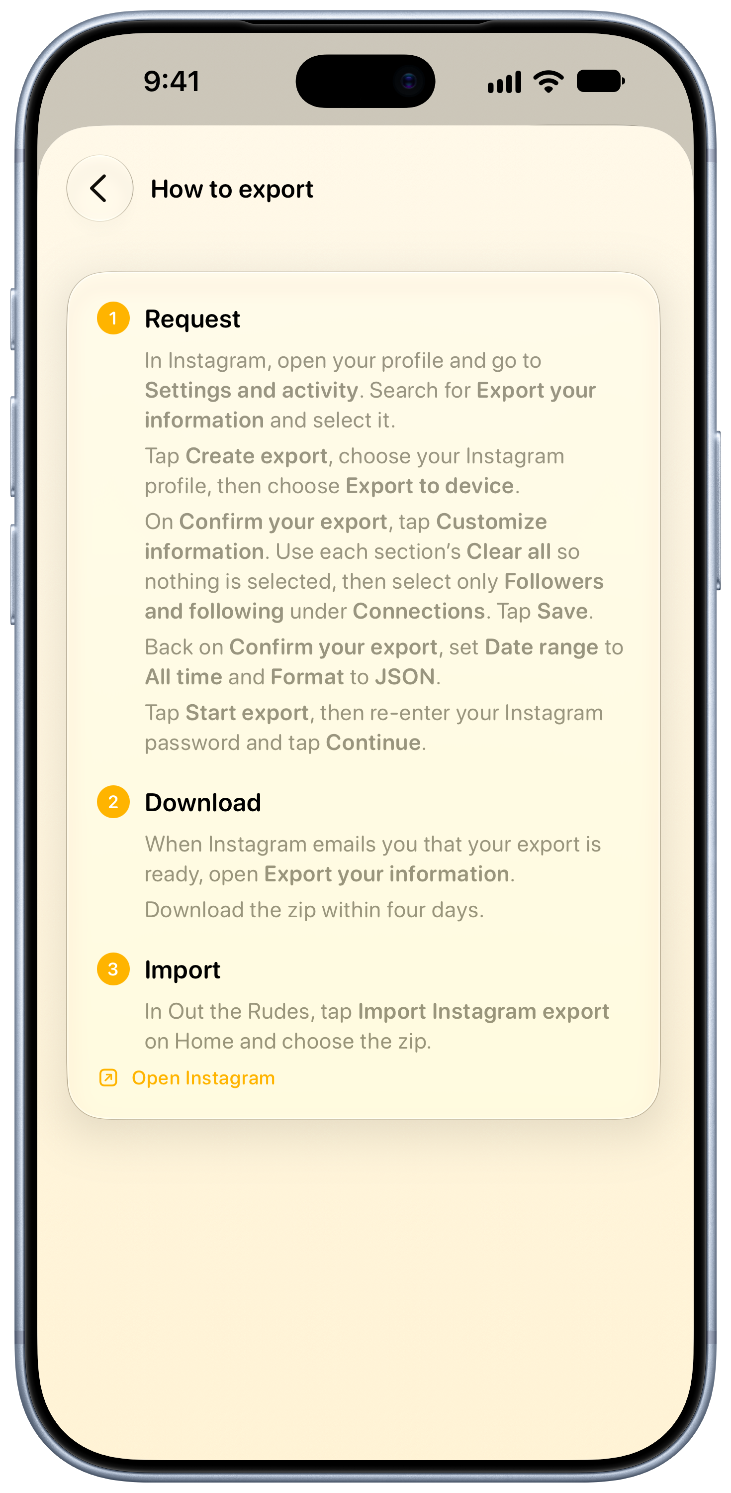 Out the Rudes on iPhone 18 Pro Max showing Your Export in the Yellow tint, light appearance.