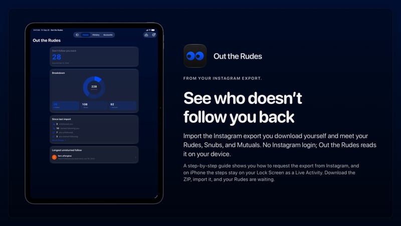 The Out the Rudes share image, showing the app on iPad Pro 13-inch with its icon, name and headline for the Papermoon account, in the Blue tint, dark appearance.