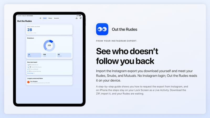 The Out the Rudes share image, showing the app on iPad Pro 13-inch with its icon, name and headline for the Papermoon account, in the Blue tint, light appearance.