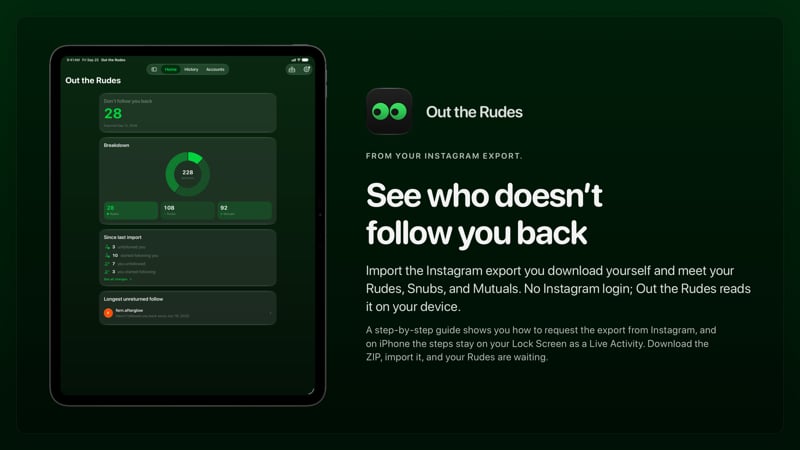The Out the Rudes share image, showing the app on iPad Pro 13-inch with its icon, name and headline for the Papermoon account, in the Green tint, dark appearance.