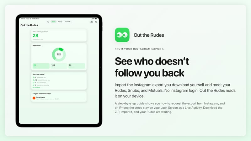 The Out the Rudes share image, showing the app on iPad Pro 13-inch with its icon, name and headline for the Papermoon account, in the Green tint, light appearance.