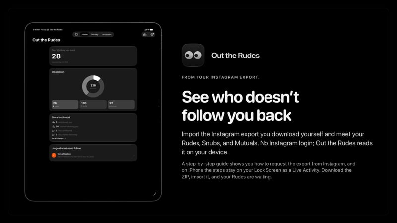 The Out the Rudes share image, showing the app on iPad Pro 13-inch with its icon, name and headline for the Papermoon account, in the Grey tint, dark appearance.