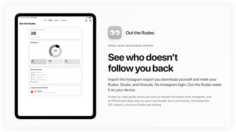 The Out the Rudes share image, showing the app on iPad Pro 13-inch with its icon, name and headline for the Papermoon account, in the Grey tint, light appearance.