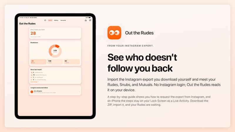 The Out the Rudes share image, showing the app on iPad Pro 13-inch with its icon, name and headline for the Papermoon account, in the Orange tint, light appearance.