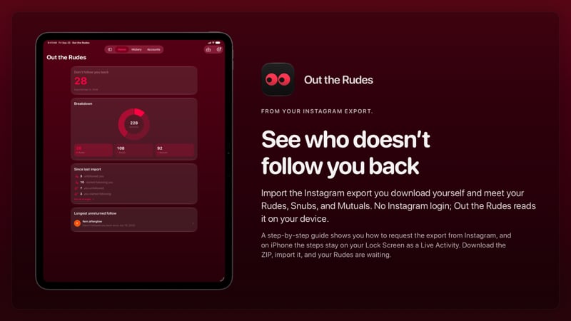 The Out the Rudes share image, showing the app on iPad Pro 13-inch with its icon, name and headline for the Papermoon account, in the Pink tint, dark appearance.