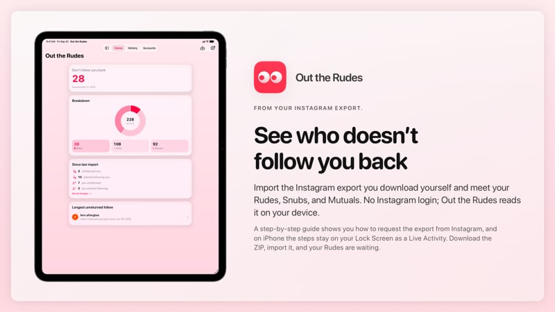 The Out the Rudes share image, showing the app on iPad Pro 13-inch with its icon, name and headline for the Papermoon account, in the Pink tint, light appearance.