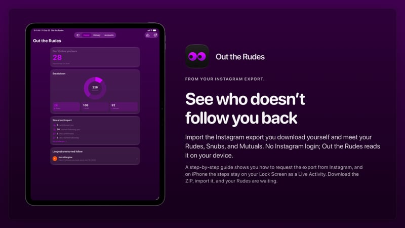 The Out the Rudes share image, showing the app on iPad Pro 13-inch with its icon, name and headline for the Papermoon account, in the Purple tint, dark appearance.