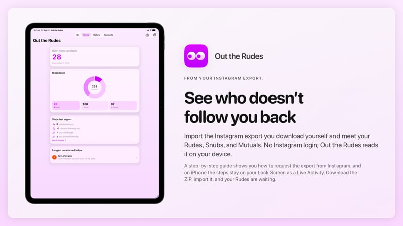 The Out the Rudes share image, showing the app on iPad Pro 13-inch with its icon, name and headline for the Papermoon account, in the Purple tint, light appearance.