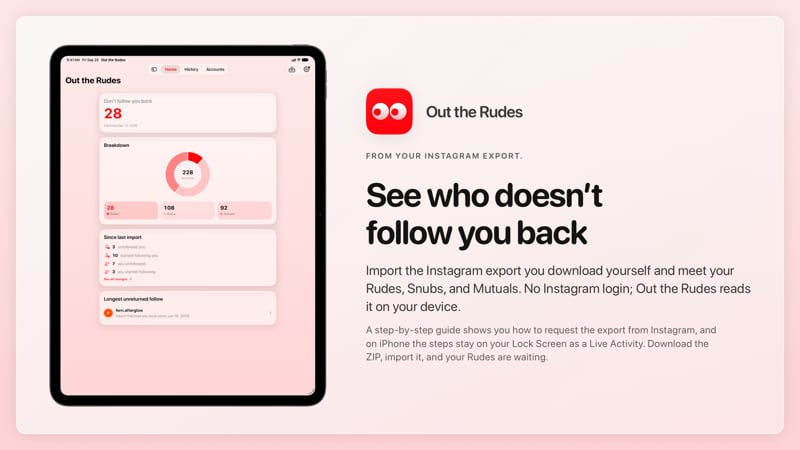 The Out the Rudes share image, showing the app on iPad Pro 13-inch with its icon, name and headline for the Papermoon account, in the Red tint, light appearance.