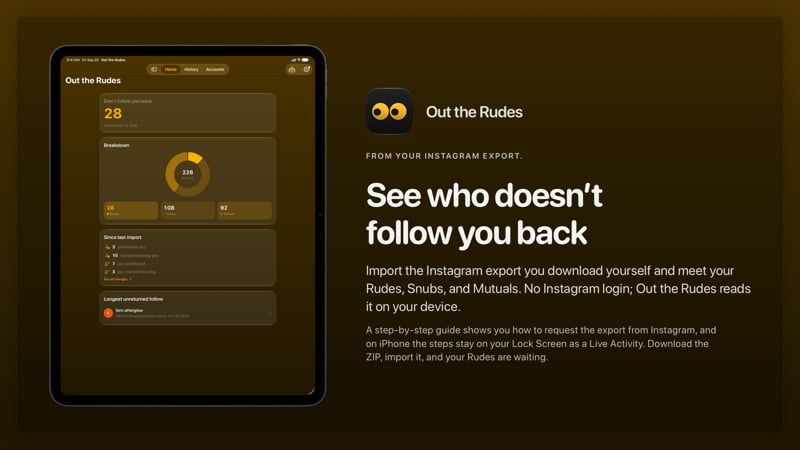 The Out the Rudes share image, showing the app on iPad Pro 13-inch with its icon, name and headline for the Papermoon account, in the Yellow tint, dark appearance.