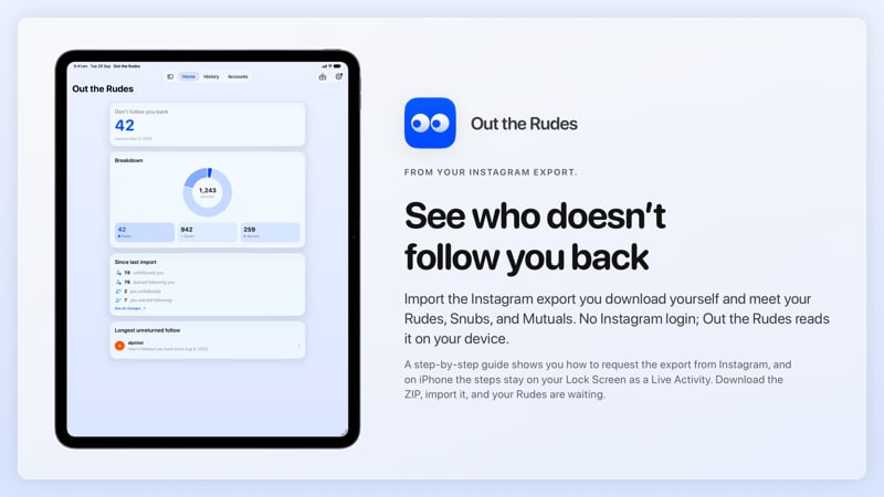 The Out the Rudes share image, showing the app on iPad Pro 13-inch with its icon, name and headline for the Saltmarsh account, in the Blue tint, light appearance.
