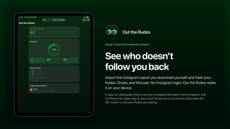 The Out the Rudes share image, showing the app on iPad Pro 13-inch with its icon, name and headline for the Saltmarsh account, in the Green tint, dark appearance.