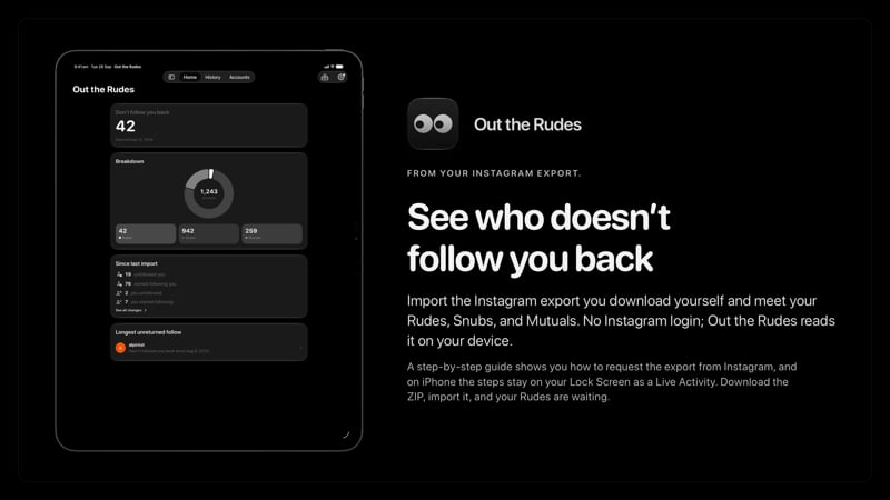 The Out the Rudes share image, showing the app on iPad Pro 13-inch with its icon, name and headline for the Saltmarsh account, in the Grey tint, dark appearance.