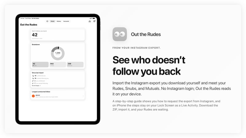 The Out the Rudes share image, showing the app on iPad Pro 13-inch with its icon, name and headline for the Saltmarsh account, in the Grey tint, light appearance.