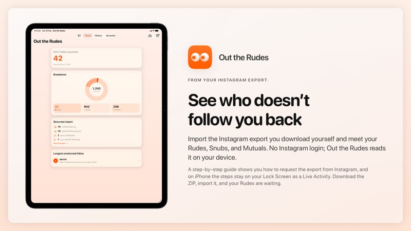 The Out the Rudes share image, showing the app on iPad Pro 13-inch with its icon, name and headline for the Saltmarsh account, in the Orange tint, light appearance.