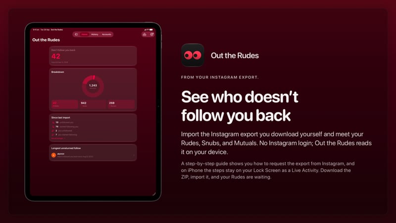The Out the Rudes share image, showing the app on iPad Pro 13-inch with its icon, name and headline for the Saltmarsh account, in the Pink tint, dark appearance.