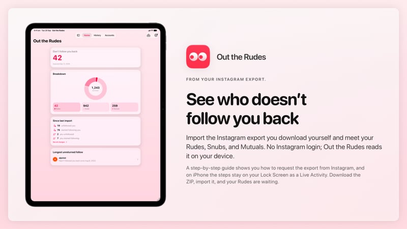 The Out the Rudes share image, showing the app on iPad Pro 13-inch with its icon, name and headline for the Saltmarsh account, in the Pink tint, light appearance.