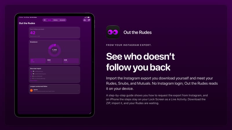 The Out the Rudes share image, showing the app on iPad Pro 13-inch with its icon, name and headline for the Saltmarsh account, in the Purple tint, dark appearance.