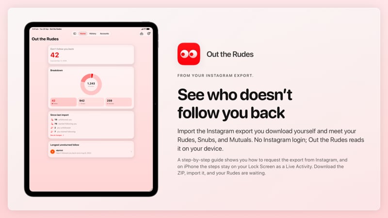 The Out the Rudes share image, showing the app on iPad Pro 13-inch with its icon, name and headline for the Saltmarsh account, in the Red tint, light appearance.