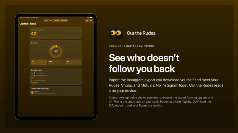 The Out the Rudes share image, showing the app on iPad Pro 13-inch with its icon, name and headline for the Saltmarsh account, in the Yellow tint, dark appearance.