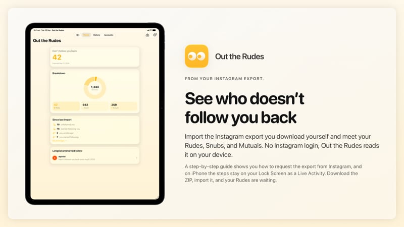 The Out the Rudes share image, showing the app on iPad Pro 13-inch with its icon, name and headline for the Saltmarsh account, in the Yellow tint, light appearance.