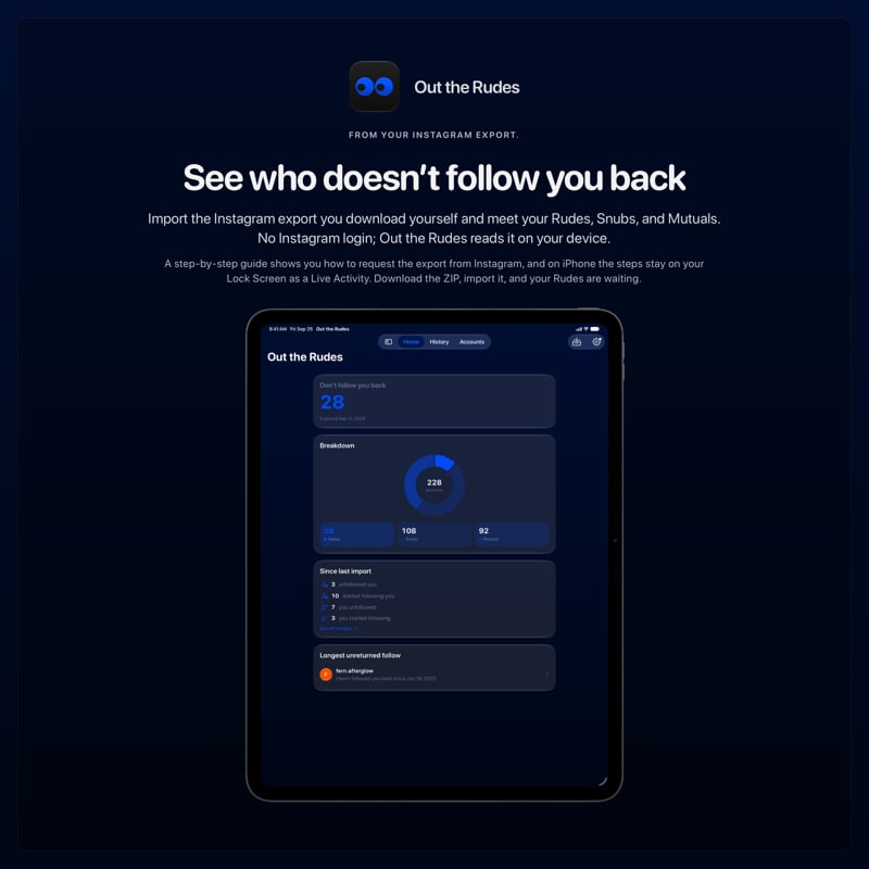 The Out the Rudes share image, showing the app on iPad Pro 13-inch with its icon, name and headline for the Papermoon account, in the Blue tint, dark appearance.