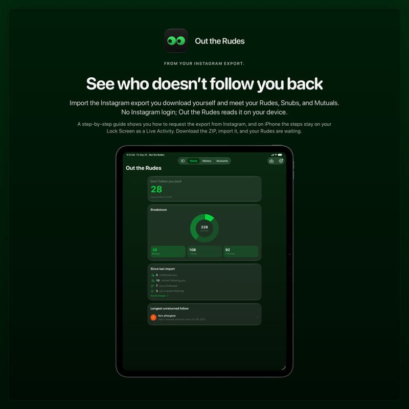 The Out the Rudes share image, showing the app on iPad Pro 13-inch with its icon, name and headline for the Papermoon account, in the Green tint, dark appearance.