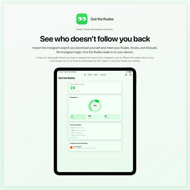 The Out the Rudes share image, showing the app on iPad Pro 13-inch with its icon, name and headline for the Papermoon account, in the Green tint, light appearance.
