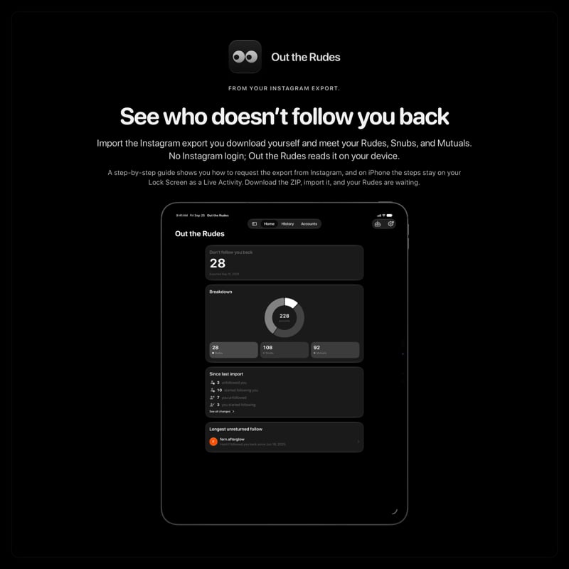 The Out the Rudes share image, showing the app on iPad Pro 13-inch with its icon, name and headline for the Papermoon account, in the Grey tint, dark appearance.