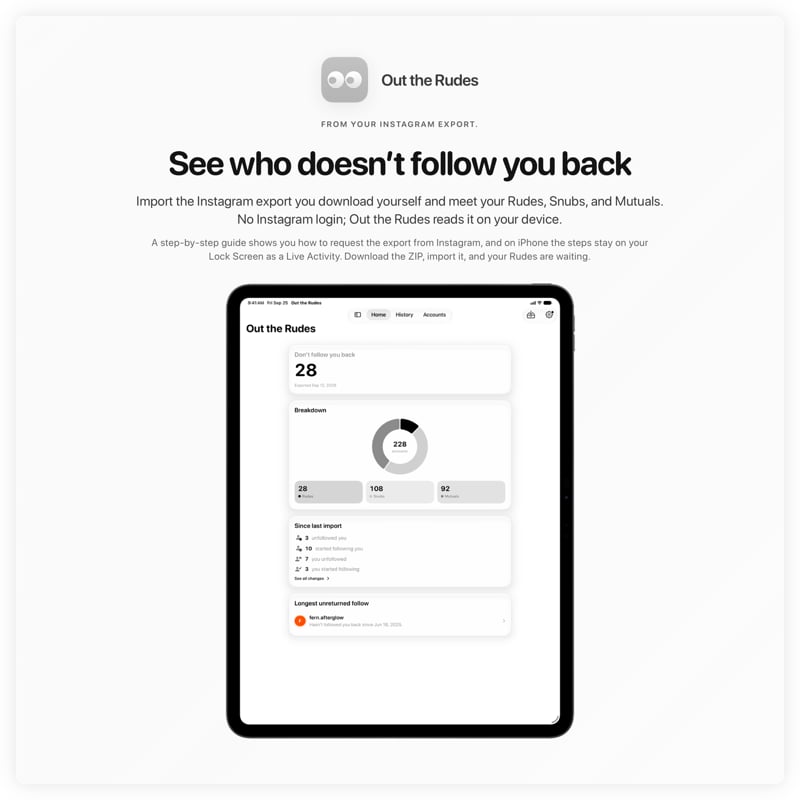 The Out the Rudes share image, showing the app on iPad Pro 13-inch with its icon, name and headline for the Papermoon account, in the Grey tint, light appearance.