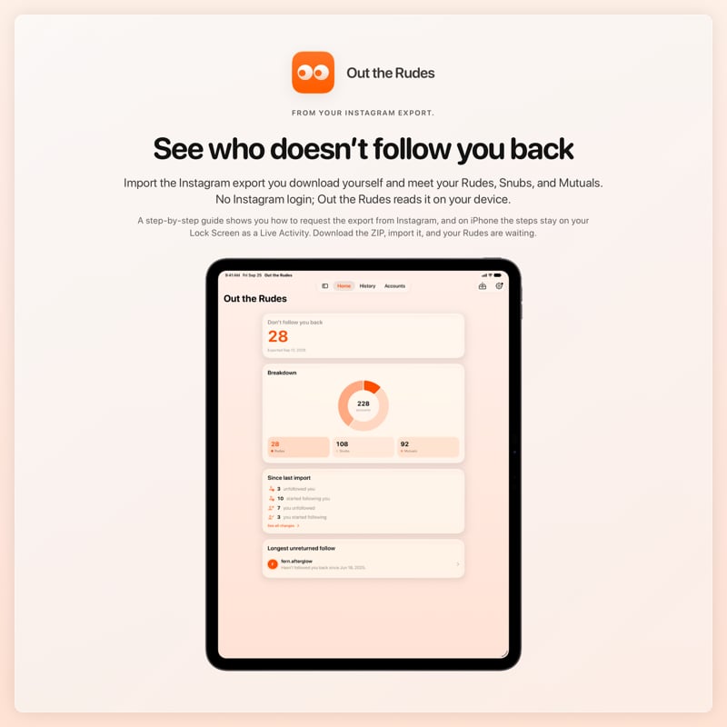 The Out the Rudes share image, showing the app on iPad Pro 13-inch with its icon, name and headline for the Papermoon account, in the Orange tint, light appearance.