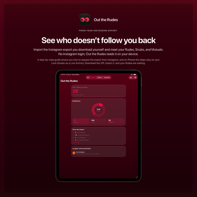 The Out the Rudes share image, showing the app on iPad Pro 13-inch with its icon, name and headline for the Papermoon account, in the Pink tint, dark appearance.